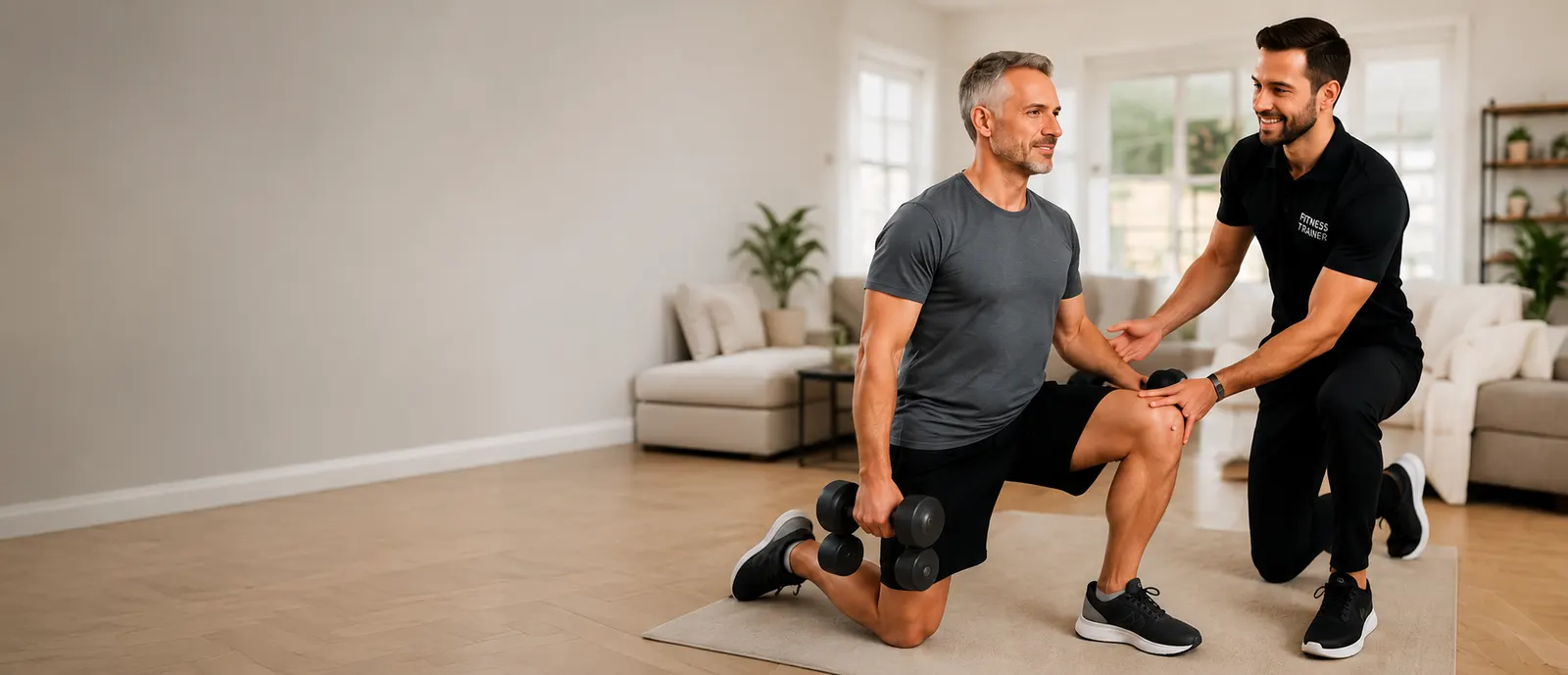 A trainer coaching a client through a dumbbell exercise in their living room